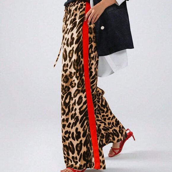 Yellow Casual Women's Leopard Print Color Block Loose Long Pants - Picture 4 of 5